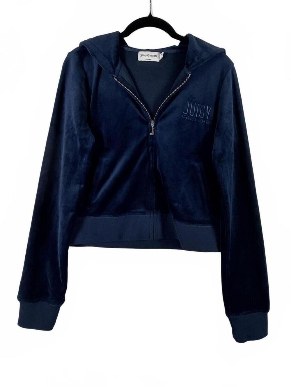 JUICY COUTURE Regal Navy Blue Velour Full Zip Crop Hoodie Embroidered Logo Small